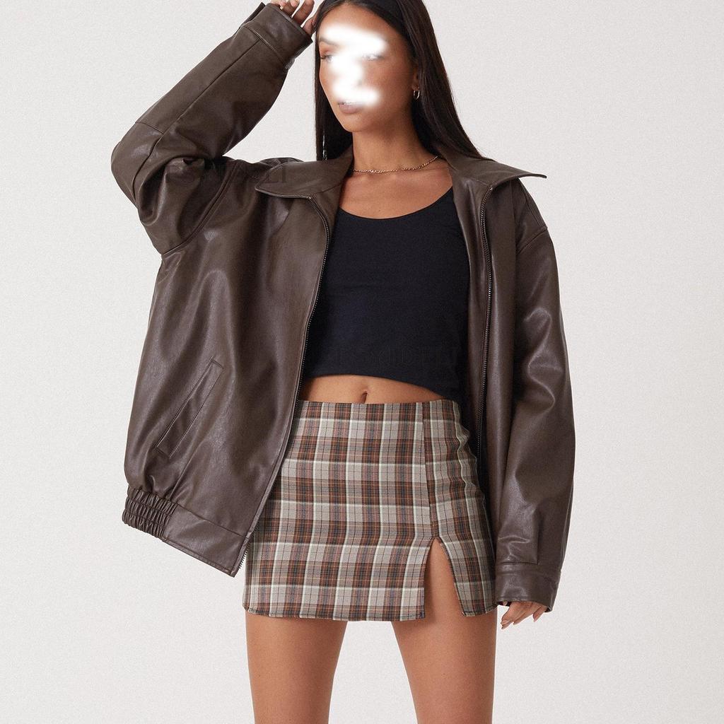 Geacă din piele PU stil biker cu revere și tiv elastic