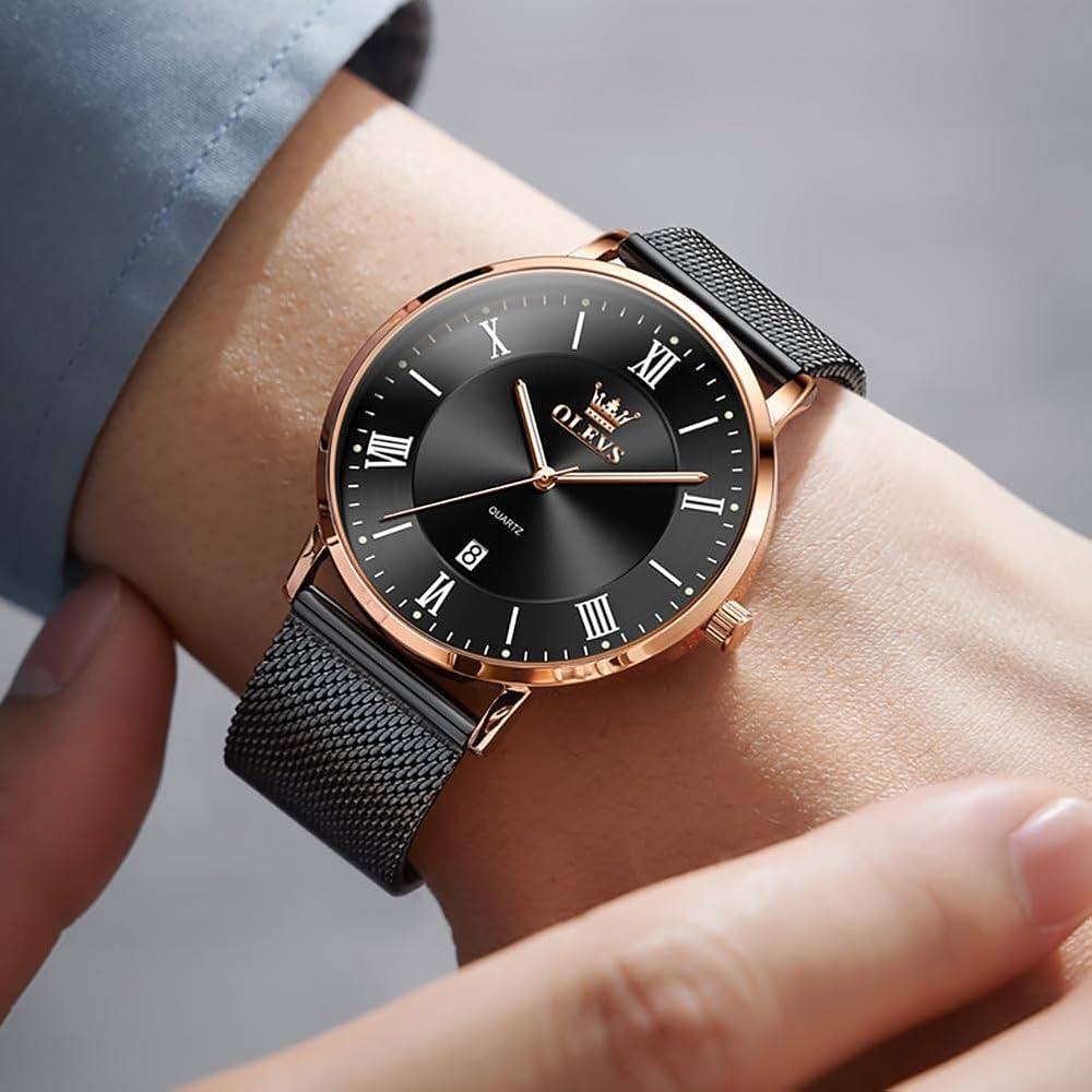 OLEVS Men's Analog Quartz Watch Rose Gold Stainless Steel Classic Business Casual Waterproof with Day-Date Feature