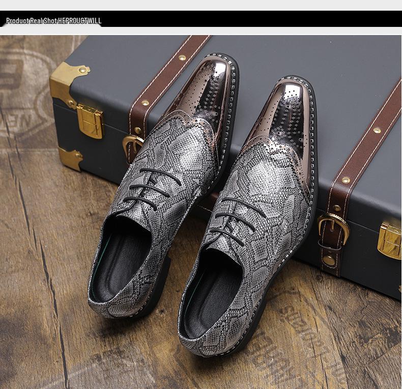 Men's Gold Shiny Brogues: European & American Fashion Lace-up Derby Shoes with Pointed Toe, Available in Large Sizes.
