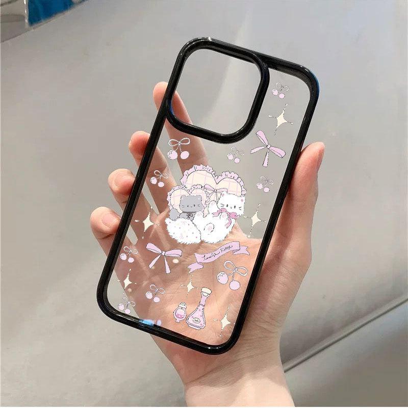 

Heart Kitten Cartoon Acrylic Black Frame Case for Apple 16/16 Pro Max, 14-17 iPhone 16