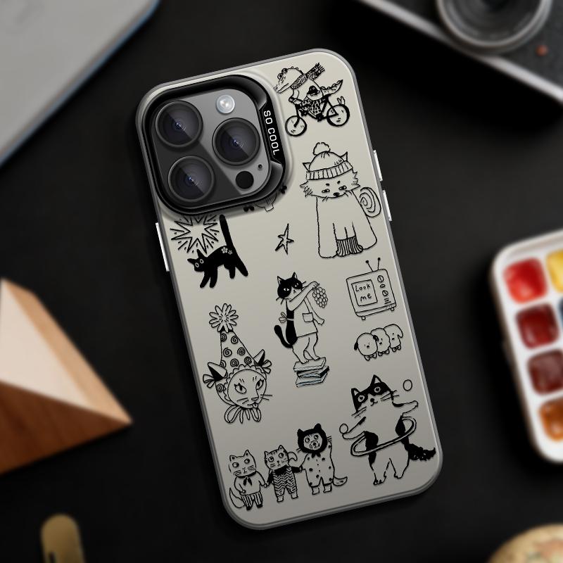 Stylish Black And White Cartoon Cats Pattern Phone Case For iPhone 17/16/17E/16E/15/14/13/12/11 Pro Max