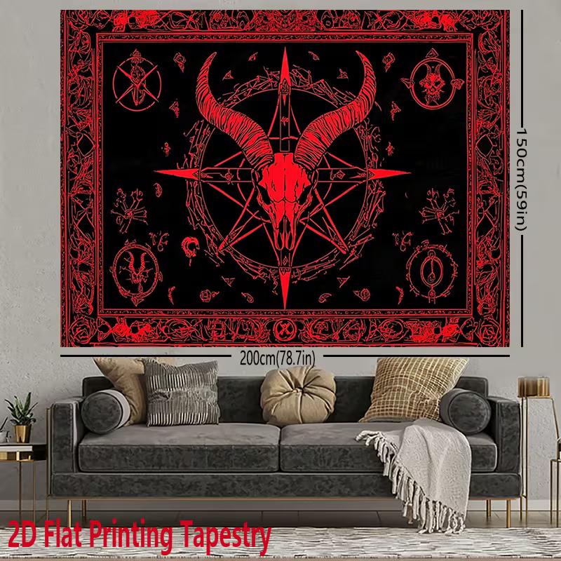 Arazzo 2D Testa di Capra Satanica Oscura Pentagramma Rosso Simboli Occulti Stregoneria Decorazione da Parete