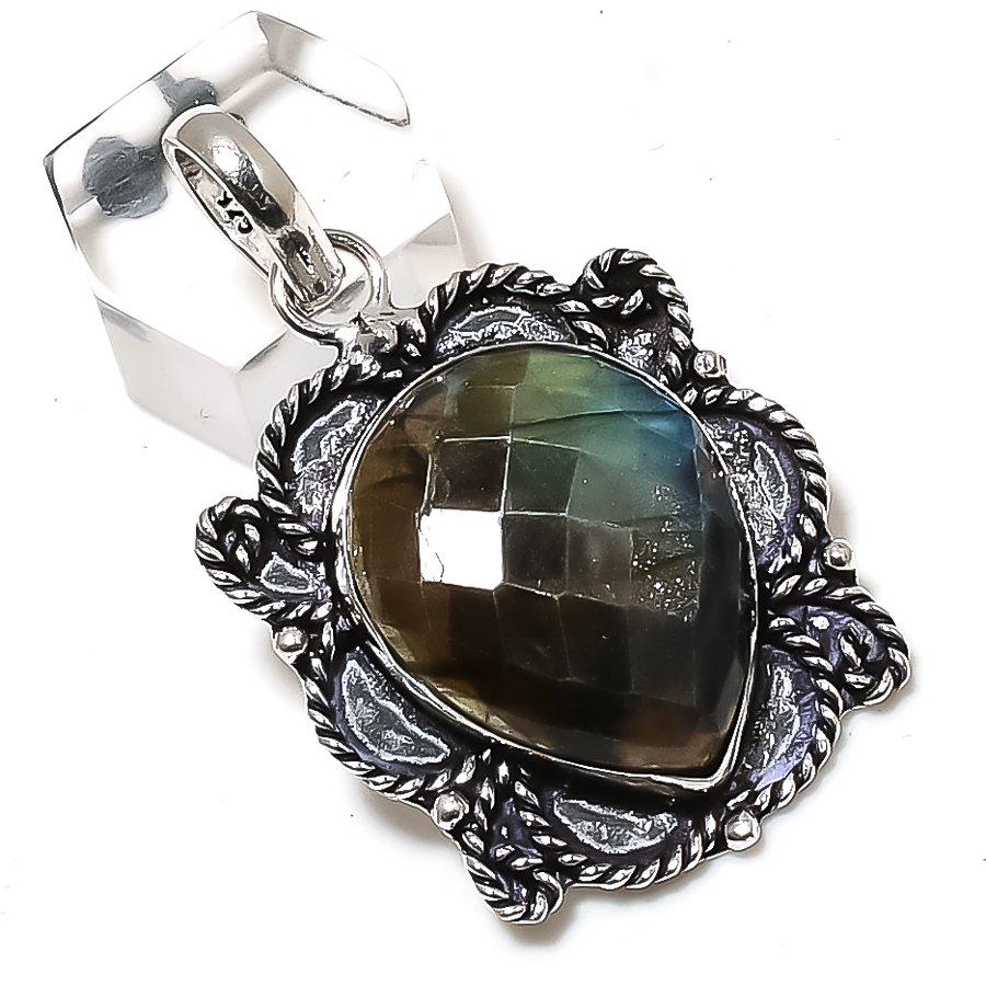 Natürlicher Labradorit-Edelstein, handgefertigter Anhänger aus 925er Sterlingsilber, 5 cm, n5D68