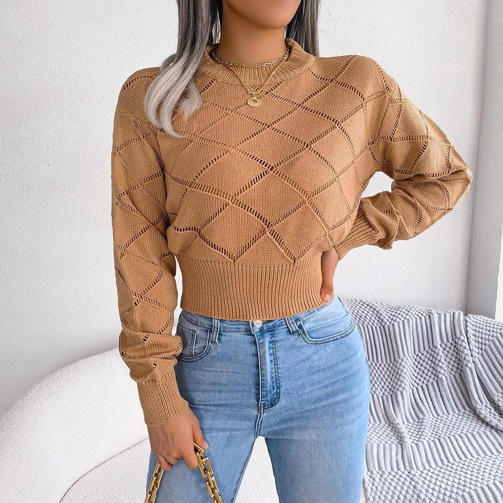 Autumn and Winter Hollow Plaid Long-sleeved Navel-baring Knitted Sweater
