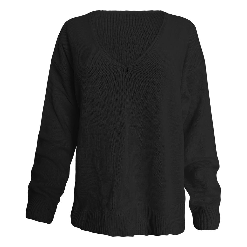 Damemote V-hals Løs Pullover Ensfarget Langermet Genser Topper