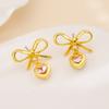 Gold Plated Bowknot Earrings with Heart-Shaped Pendant Dangle Lightweight Fashion Jewelry for Women and Girls