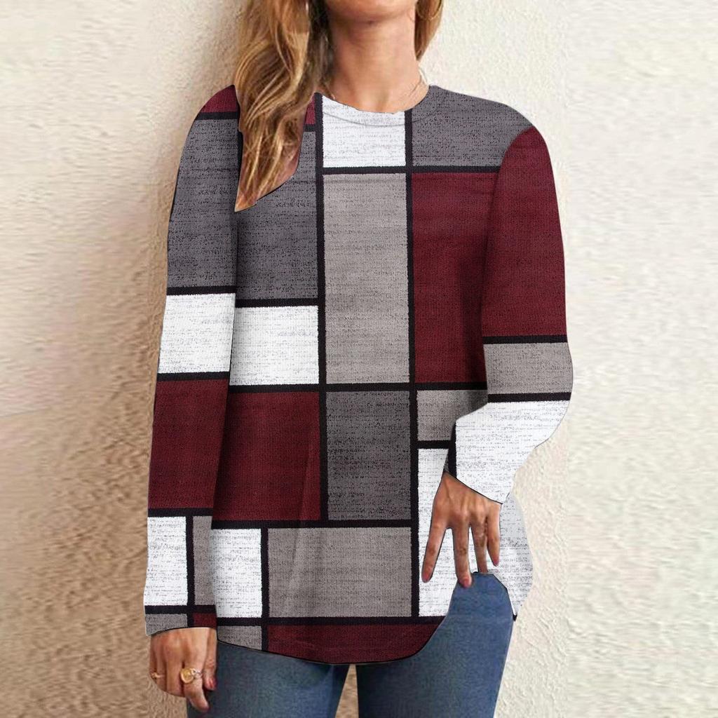 Casual Color Block Long Sleeve Tops For Women Fall Geometric Graphic Crewneck Loose T Shirts Slouchy Tunic Blouses
