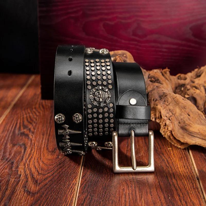 3.8cm Fashion Men Personality Skull-head Rivet Genuine Leather Belts Cool Punk Rock Hip Hop Pin Buckle Cowhide Belt with Holes