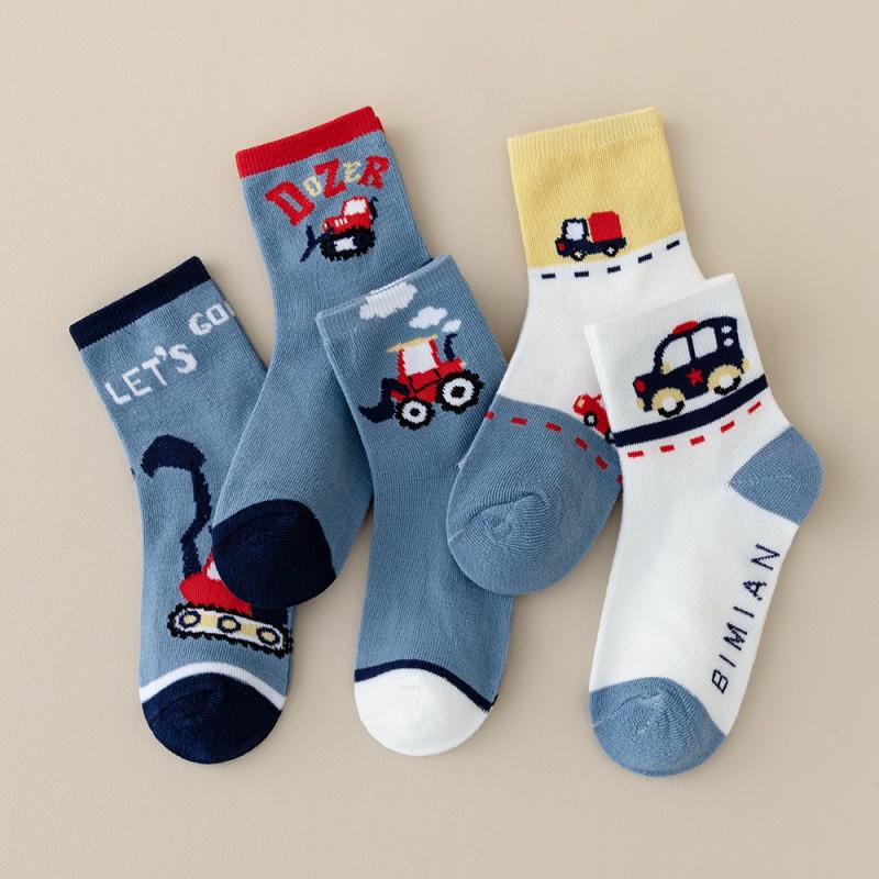 Boys Mid-Calf Socks With Cartoon Construction Vehicle Print Breathable Cotton Blend Kids Ages 9M-13Y
