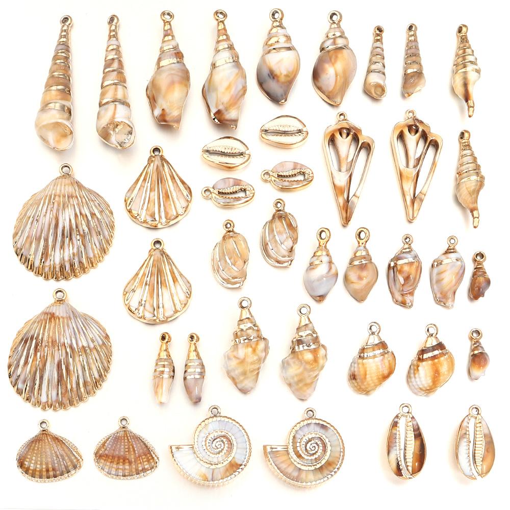 5-10pcs/lot Shell Shaped Acrylic Pendant Gold Plated Conch Scallop Charms Beads For DIY Fashion Keychain Necklace Accessories