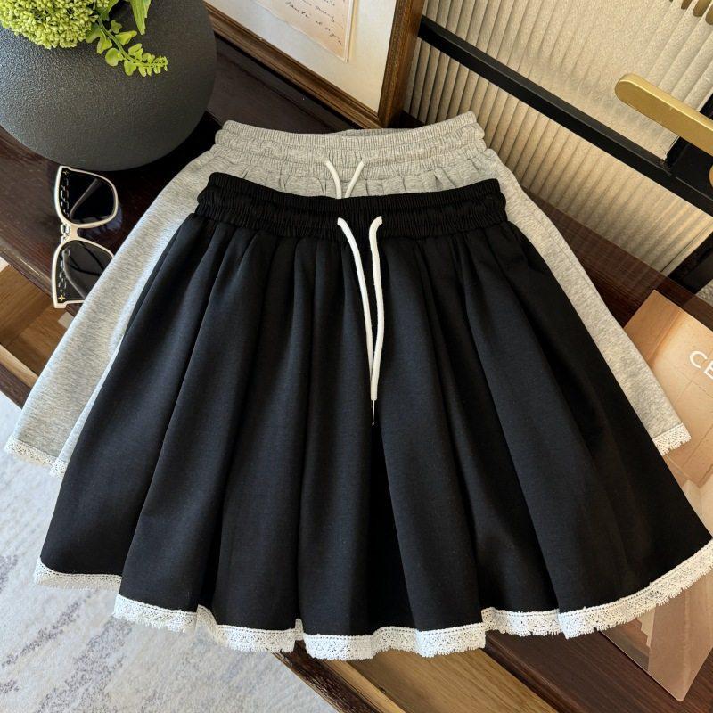 Women s Summer 2026 Petite Lace Trim Sporty A-line Pleated Mini Skirt with Drawstring L чёрный