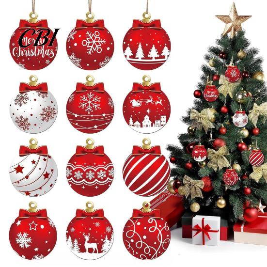 Christmas Tree Decorations Set Red White Balls, Wooden Ball Shape Hanging Ornaments, Snowflake Reindeer Ornaments Santa Designs, Festive Winter