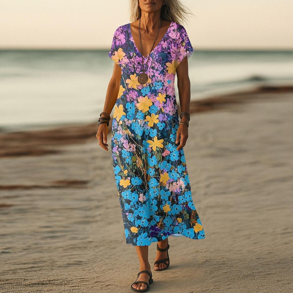 Robe d'été Robe longue bohème de plage pour femme Robe maxi élégante Col en V Manches courtes Tunique d'été Légère Aérée