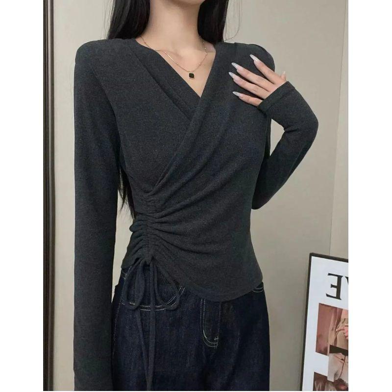 Plus Size Autumn 2025 V-Neck Cross Design Long Sleeve Slimming Women's Top