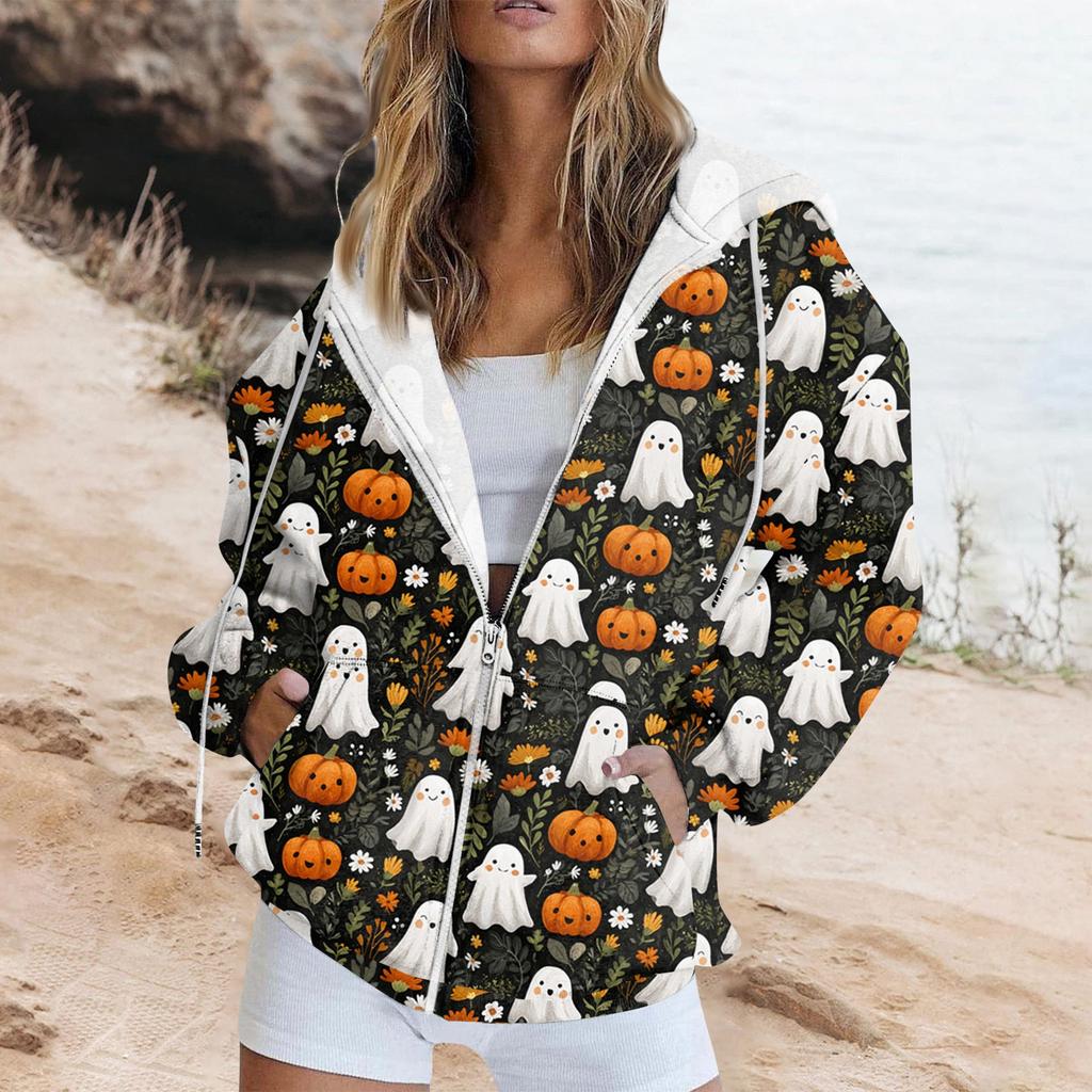 Women's Fashion Casual Halloween Printed Sweatshirt Long Sleeve With Pocket Cardigan Jacket Zipper Hoodie Coat
