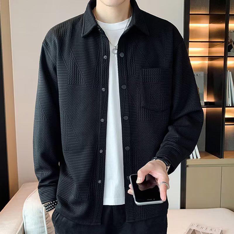 

Осень 2024 Мужская модная повседневная рубашка-куртка в корейском стиле с длинным рукавом L чёрный