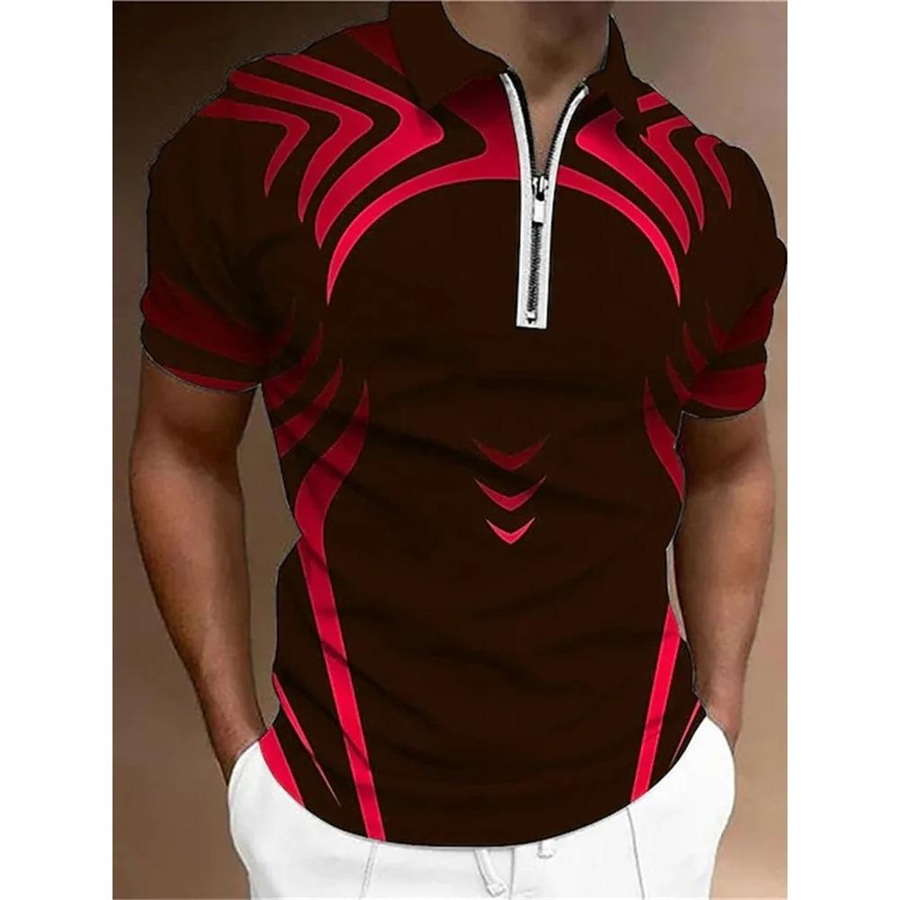 Men's T-shirt Summer Zipper Polo Shirt Stripe Pattern T-shirt Short Sleeve Collar Top Casual