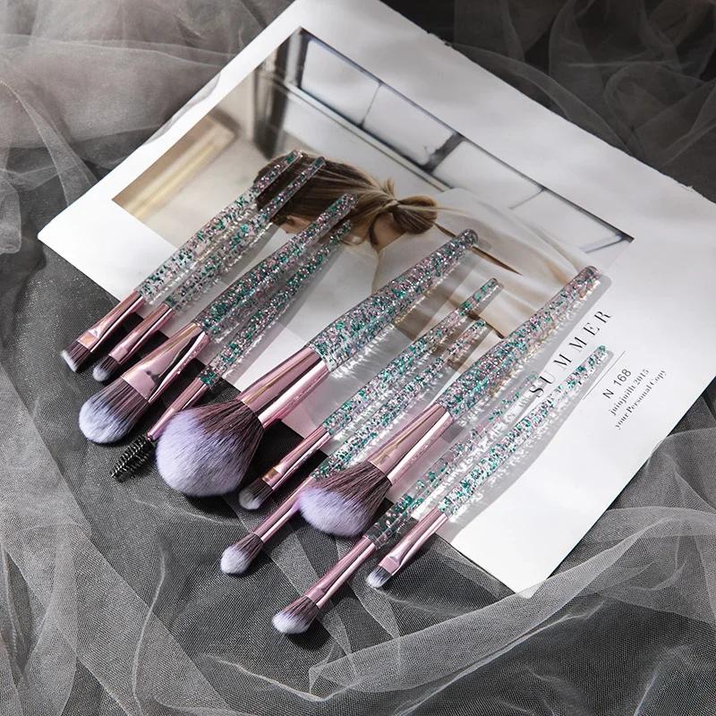 10 Pcs Makeup Brush Scallion Powder Crystal Handle with Sequins Face Eye Fiber Hair Beauty Tools