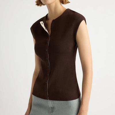 Europäische und amerikanische Damenbekleidung figurbetont schlicht Knopfleiste Strickpullover Cardigan Sommer ärmellos Rundhalsausschnitt Weste Westentop Damen