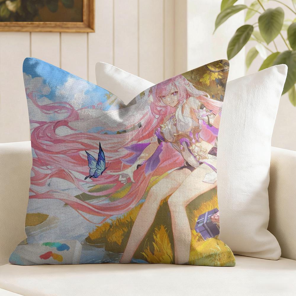 Elysia Animation HHonkai IImpact Cushion Cover Natural Linen Double Sided Print  Throw Pillow Case for Sofa Couch Home Decor