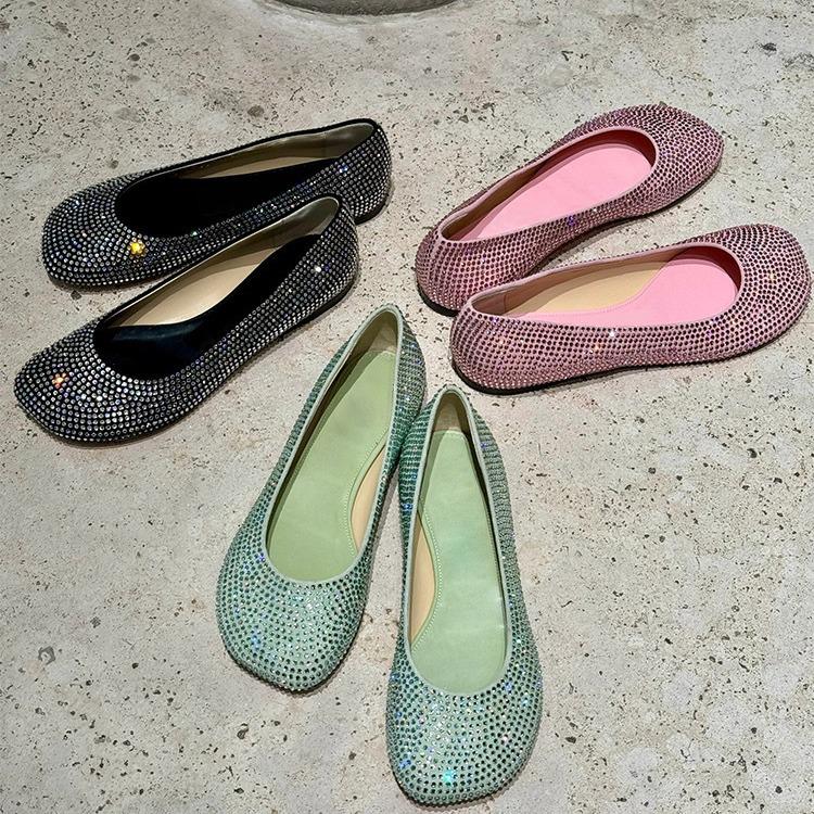 Leather French Mary Jane Women's Shoes Shallow Mouth Rhinestone Single Shoes Women's New Flat Grandma Shoes