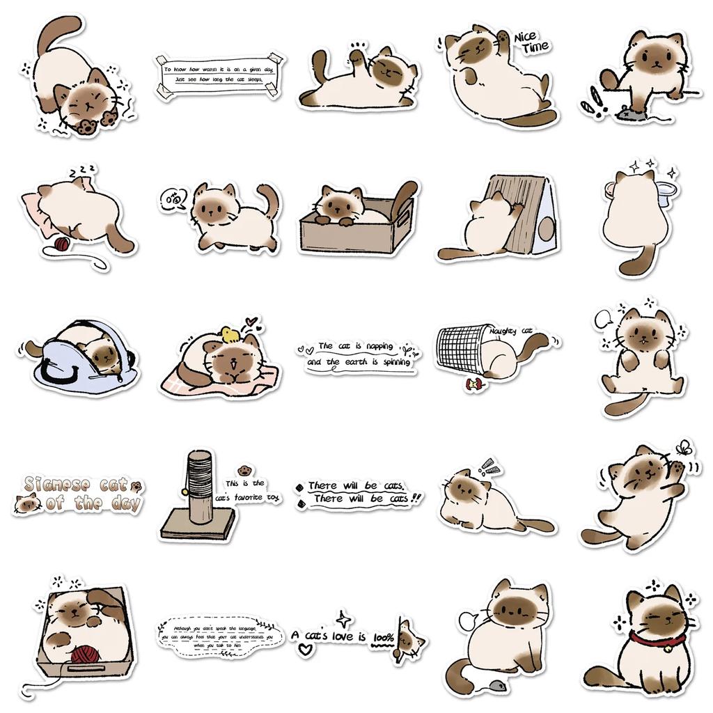 50Pcs Kawaii Siamese Cat Anime Stickers Cartoon Decals Guitar Laptop Skateboard Luggage Phone Waterproof Kid Gift Sticker