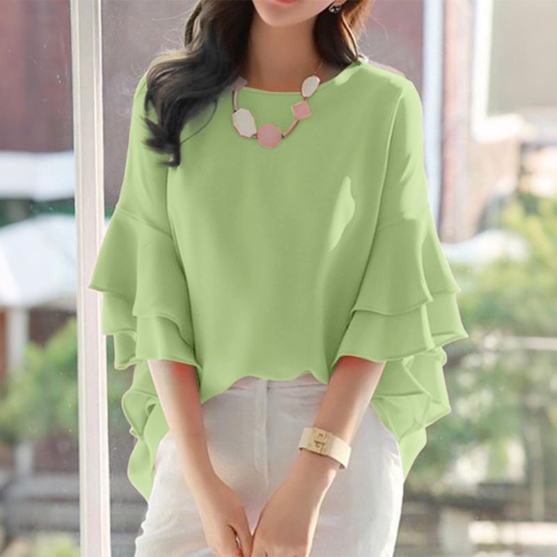 

ZANZEA Женская повседневная блузка с круглым вырезом и рукавами-рюшами свободного кроя 2XL зелёный