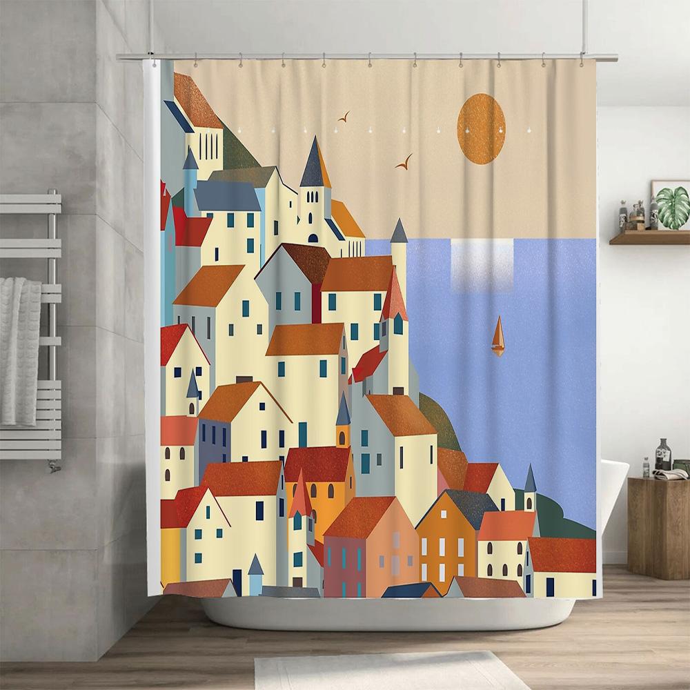 Coastal Shower Curtain Set Waterproof Beach Ocean Landscape Decor Bathroom Fabric