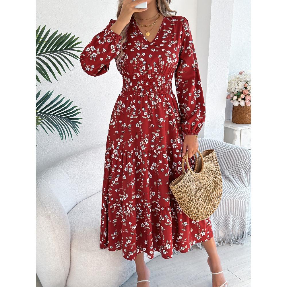 Elegantní výstřih do V, Dlouhý rukáv, Stahovaný pas, Volánová áčková sukně pro dámské oblečení na podzim a zimu