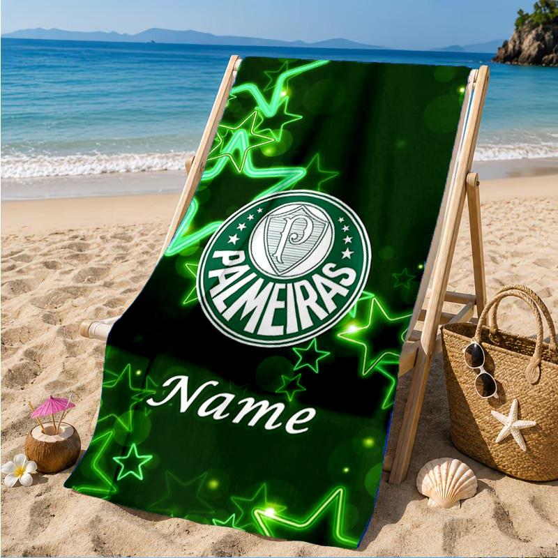 Custom Name Beach Towel Green Palm Tree Emblem Microfiber Beach Towel, Lightweight for Summer Travel, Swimming Pool Fan Birthday Gift