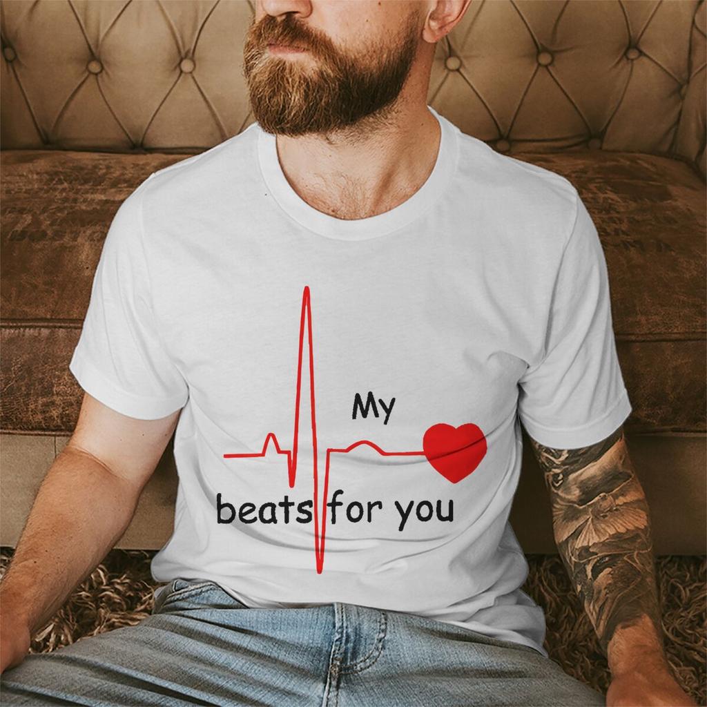 Couple Heart Beats for You Print T Shirt Causal Women Man Vintage Couples Matching Tshirt Short Sleeve Valentines Day Tees