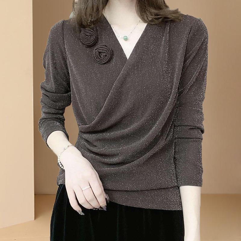 Autumn Fashionable and Versatile Temperament Age-reducing Bottoming Shirt for Women Bright Silk Long-sleeved Top