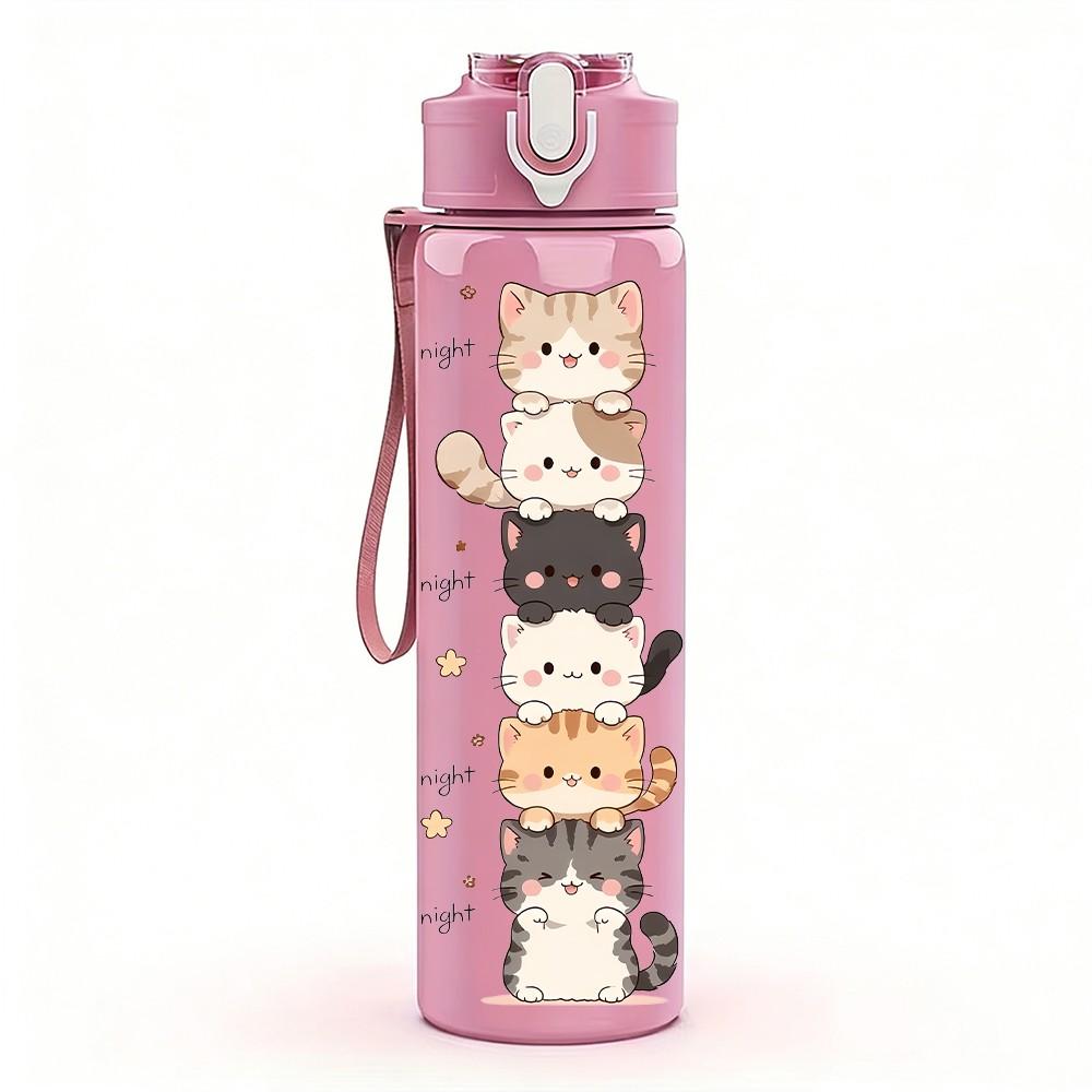 1PC Vertical Stacked Kitten Cartoon Print 750ml Color Plastic Sports Water Bottle Leakproof Flip Straw Lid Suitable for Sports Office Home Use