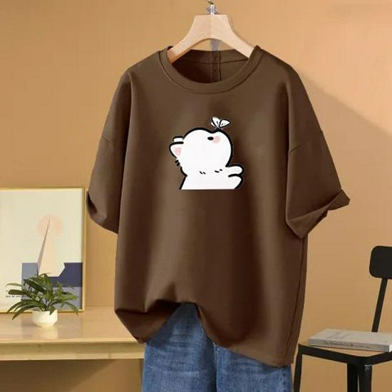 Women's Korean Style Cartoon Cotton T-Shirt, Summer 2026, Mid-Length, Age-Reducing, Half Sleeve