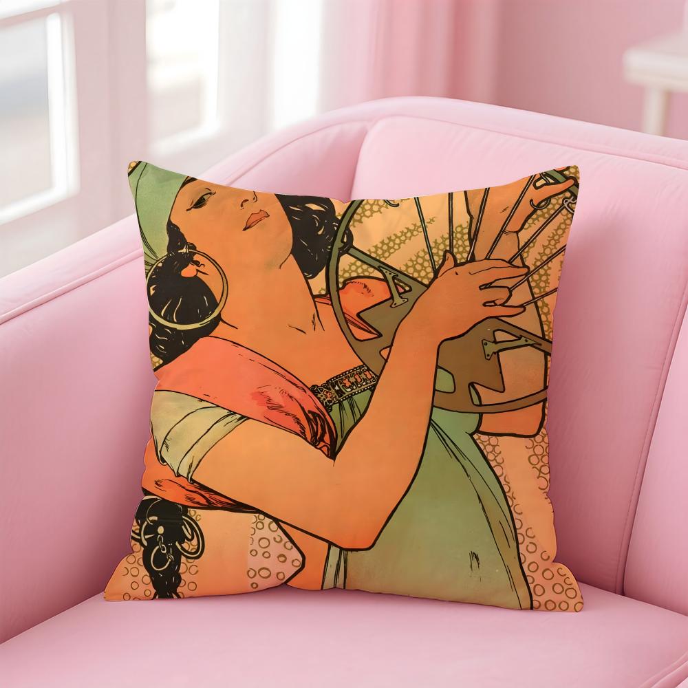 artistic AAlphonse Maria Mucha Cushion Cover Pillow Case Soft Skin Friendly Fabric Comfort Concealed Zipper
