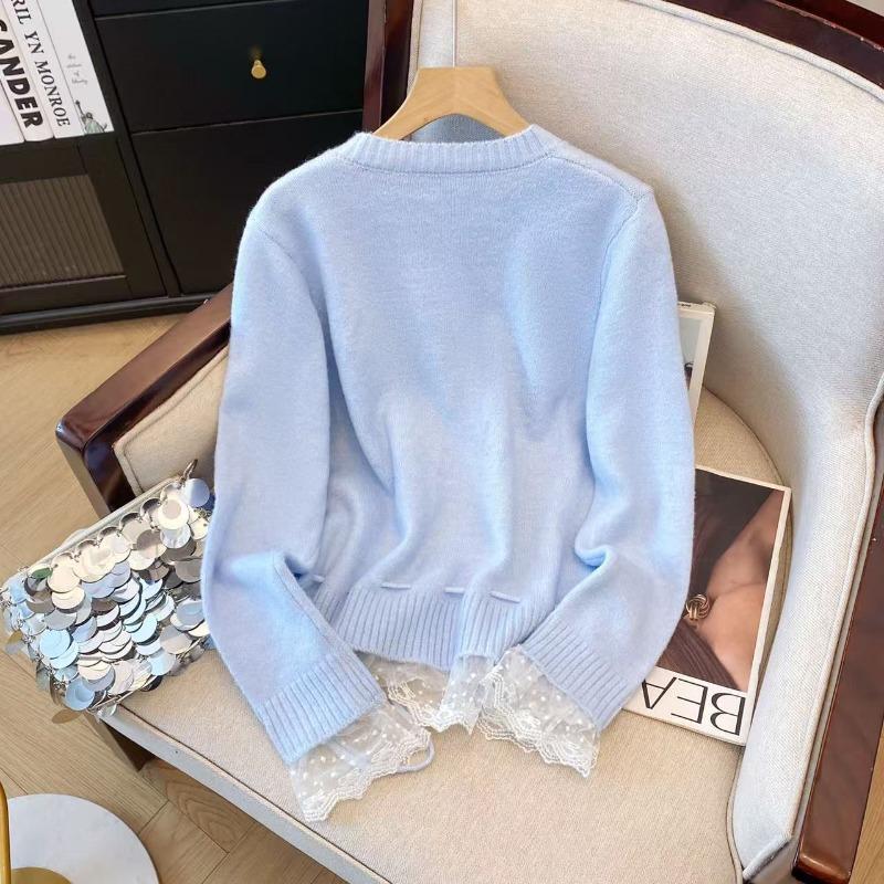 Gentle lace splicing lace-up knitted sweater spring and autumn new design drawstring waist sweater top
