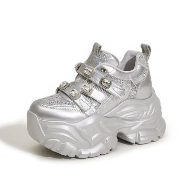 10cm Fashion 2025 Spring Women's Chunky Sole Dad Shoes Water Diamond Platform Single Shoes Hidden Heel Comfortable Sneakers