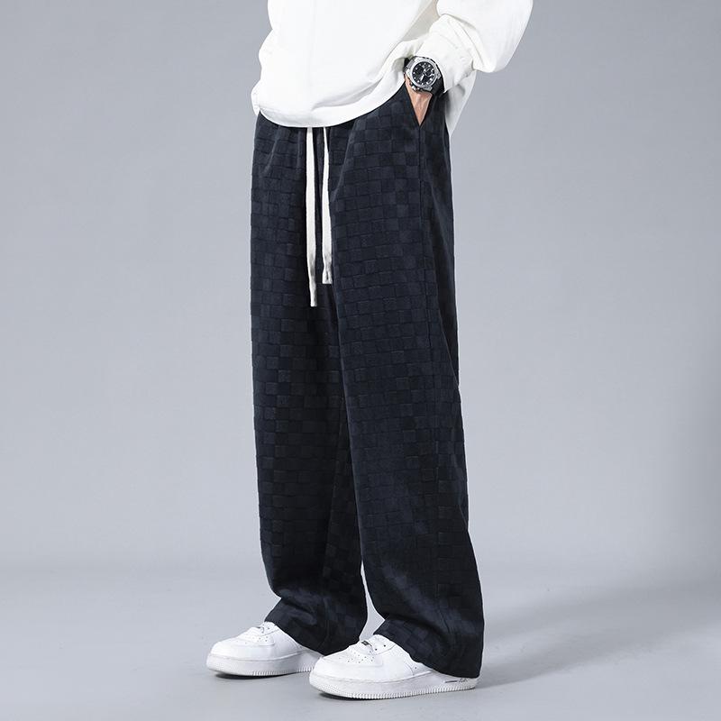 Men's Checkerboard Corduroy Wide-Leg Pants - Casual, Loose Straight Fit for Spring and Summer