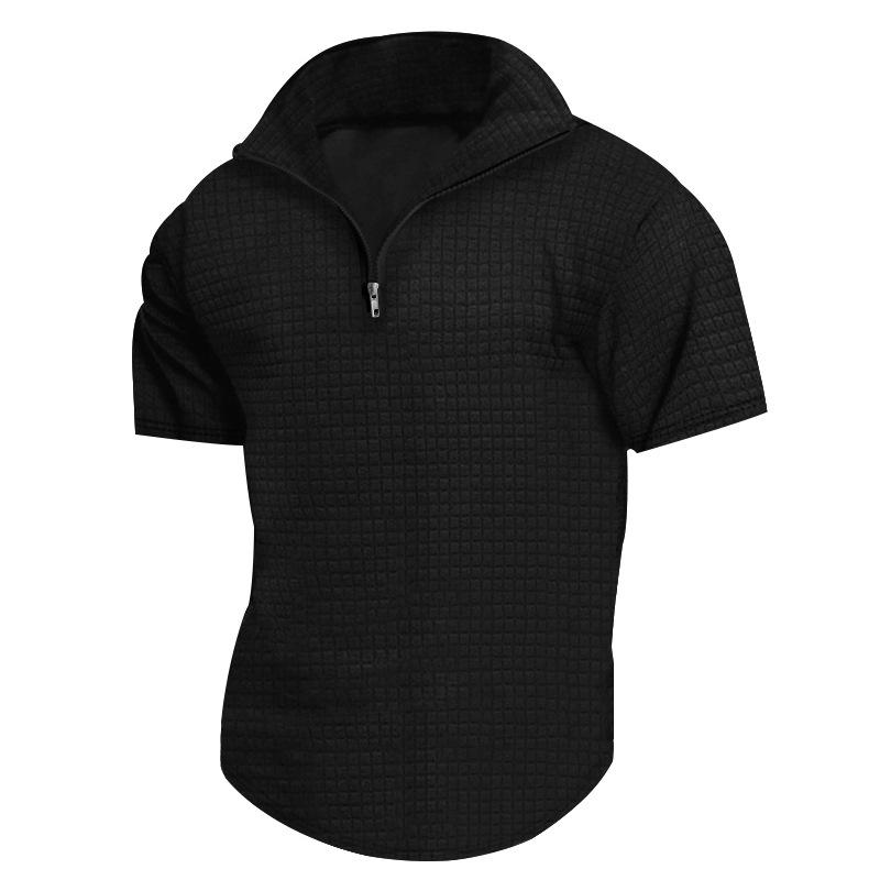 Men's Polo Shirt T-shirt Men's Short Sleeve Solid Color Zipper Small Checkered Summer Breathable Casual Shirt