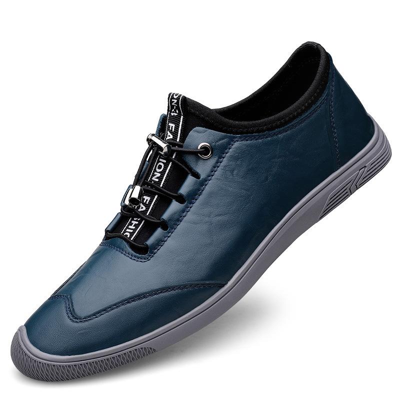 

Men s round head shallow mouth first layer cowhide simple shoes elastic band breathable flat heel single shoes men s casual leather shoes daily men 45 синій