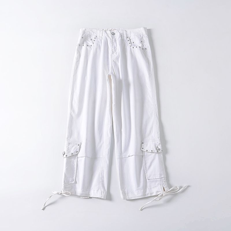 

Woven Cotton Casual Diamond-Embedded Straight-leg Spring and Summer Multi-Bag Middle Pants Milky White us8
