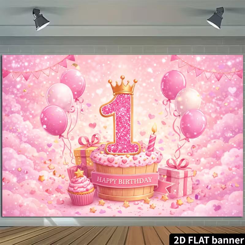 2D Glam Pink Purple 21st Birthday Backdrop with Crown and Gemstones Party Decor Banner