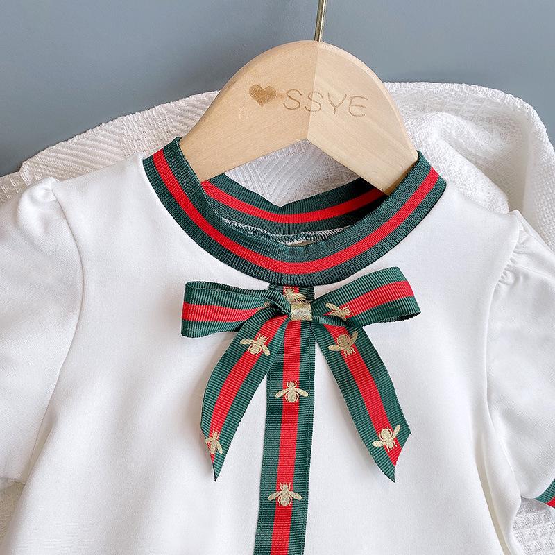 Letní dívčí bavlněné princeznovské šaty v korejském stylu s mašlí, s krátkým rukávem