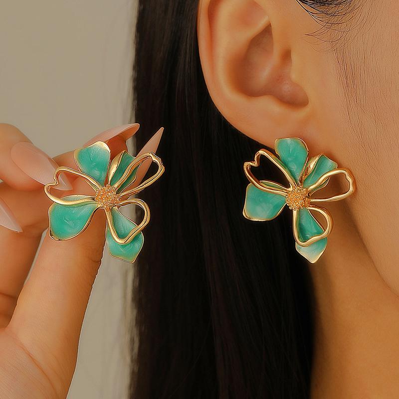 New Fashion Glaze Enameled Flower Stud Earrings For Women Girls French Ins Vintage Korean Wedding Romantic Gold Color Zircon