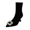 Women's shoes women's shoes temperament high heel elastic thin boots women's pointed black short boots rhinestone square buckle fashion boots women's
