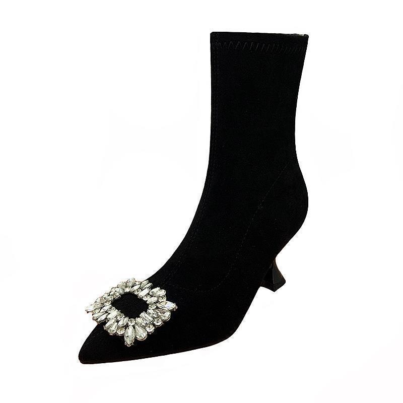 Women's shoes women's shoes temperament high heel elastic thin boots women's pointed black short boots rhinestone square buckle fashion boots women's