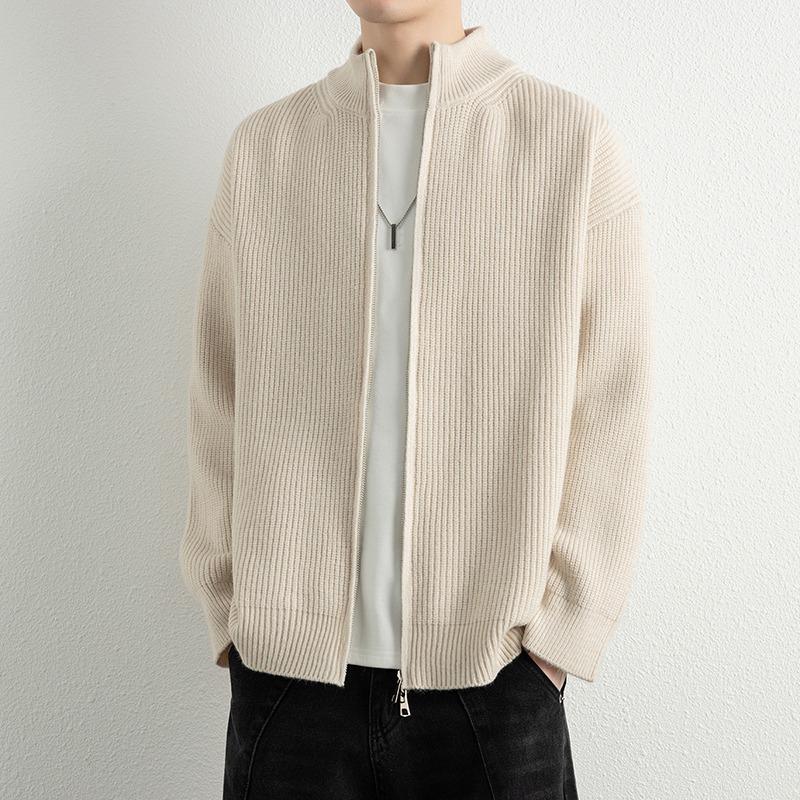 Men's Stand Collar Double Zipper Cardigan Sweater - High-End Lazy Style for Autumn and Winter