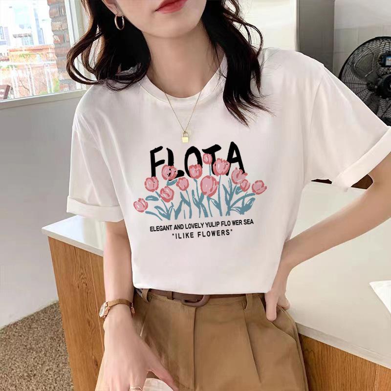 GMXIA Sommer Vintage Damen T-Shirt mit Aufdruck Reine Baumwolle Kurzarm T-Shirt Damen Ins Mode Locker Lässig mit Damenoberteil