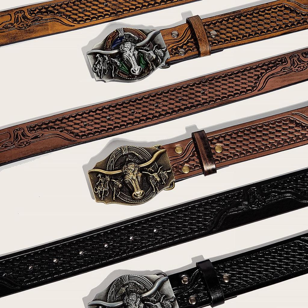 In-Stock Western Bull Head Buckle Leather Belt - Trendy Retro Punk Style for Men & Women