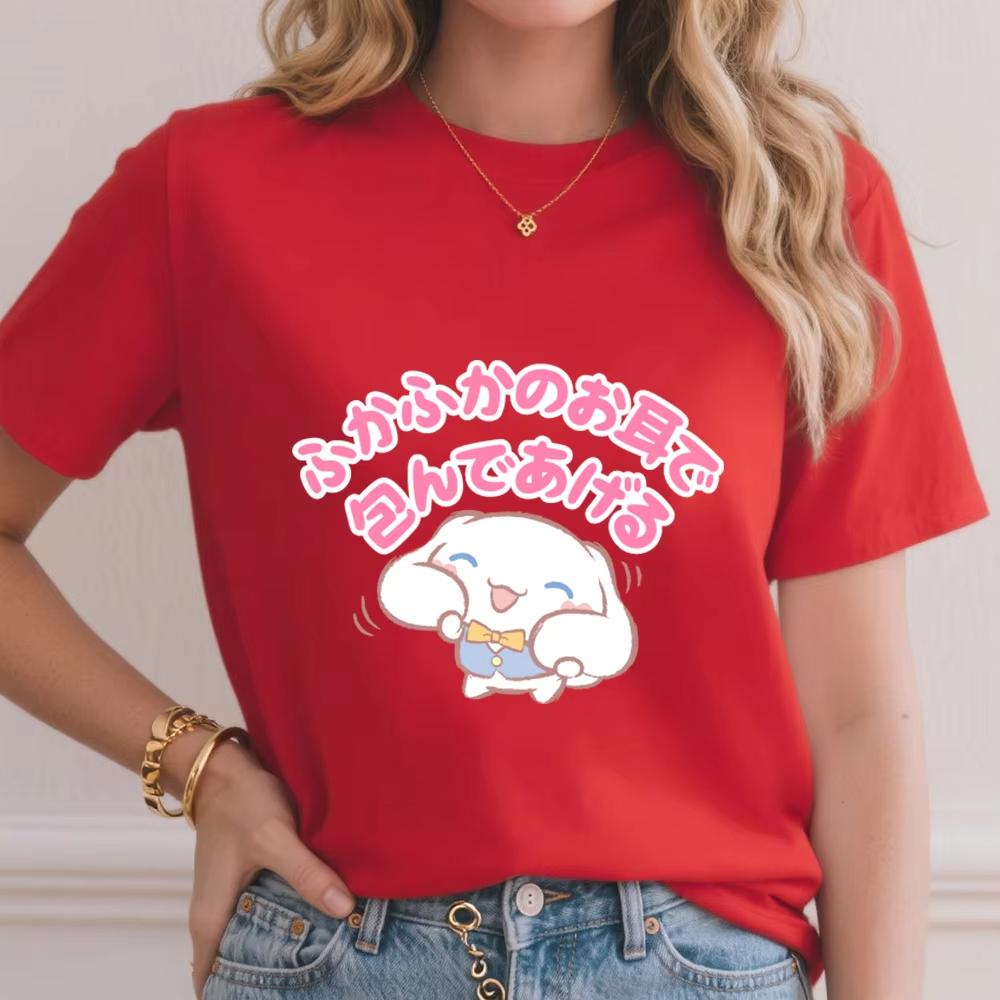 

2026 Summer Cinnamoroll Fluffy Ear Hug Print Cotton T Shirt for Women Casual Soft Comfortable Top Summer Cute Everyday Wear S